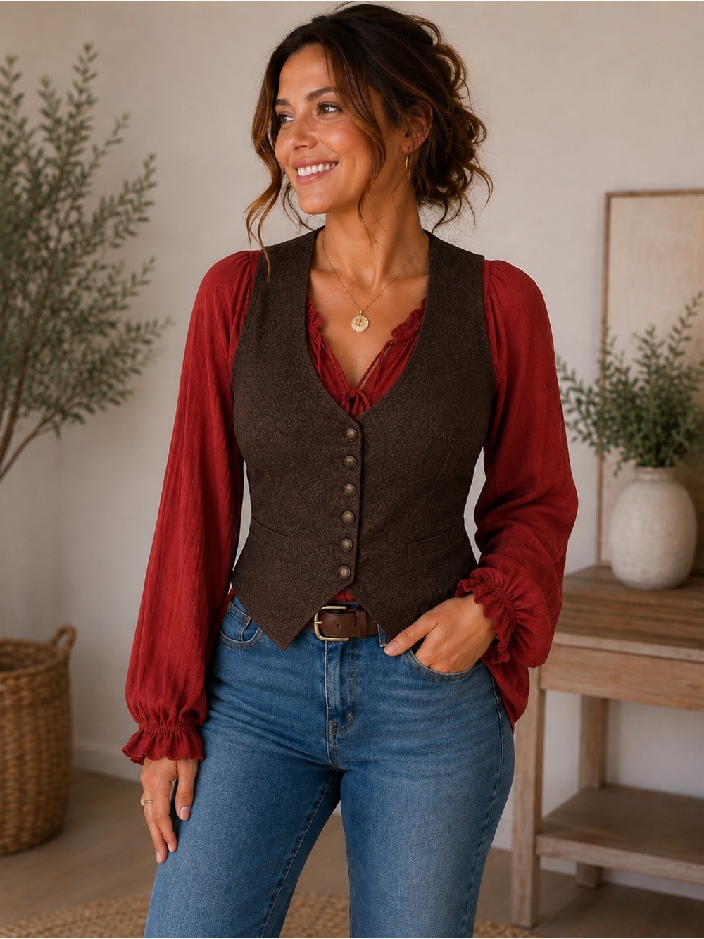 Z Supply Brick Red Ruffle Neck‎ Long Sleeve Tie Front Blouse Top Rayon Boho  S